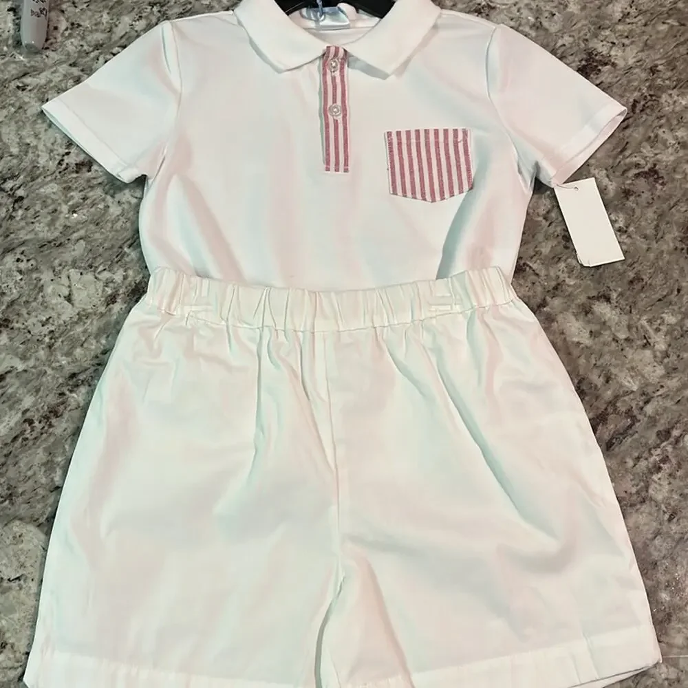 Edgehill Collection x The Broke Brooke Beau Pique Knit Polo White Short Set 4T